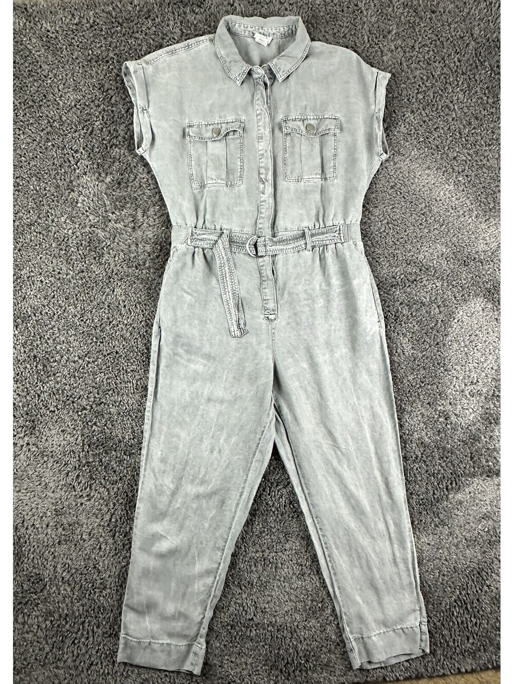 Nicole Miller New York Womens Utility Jumpsuit Size 8 Gray Linen Blend Belted